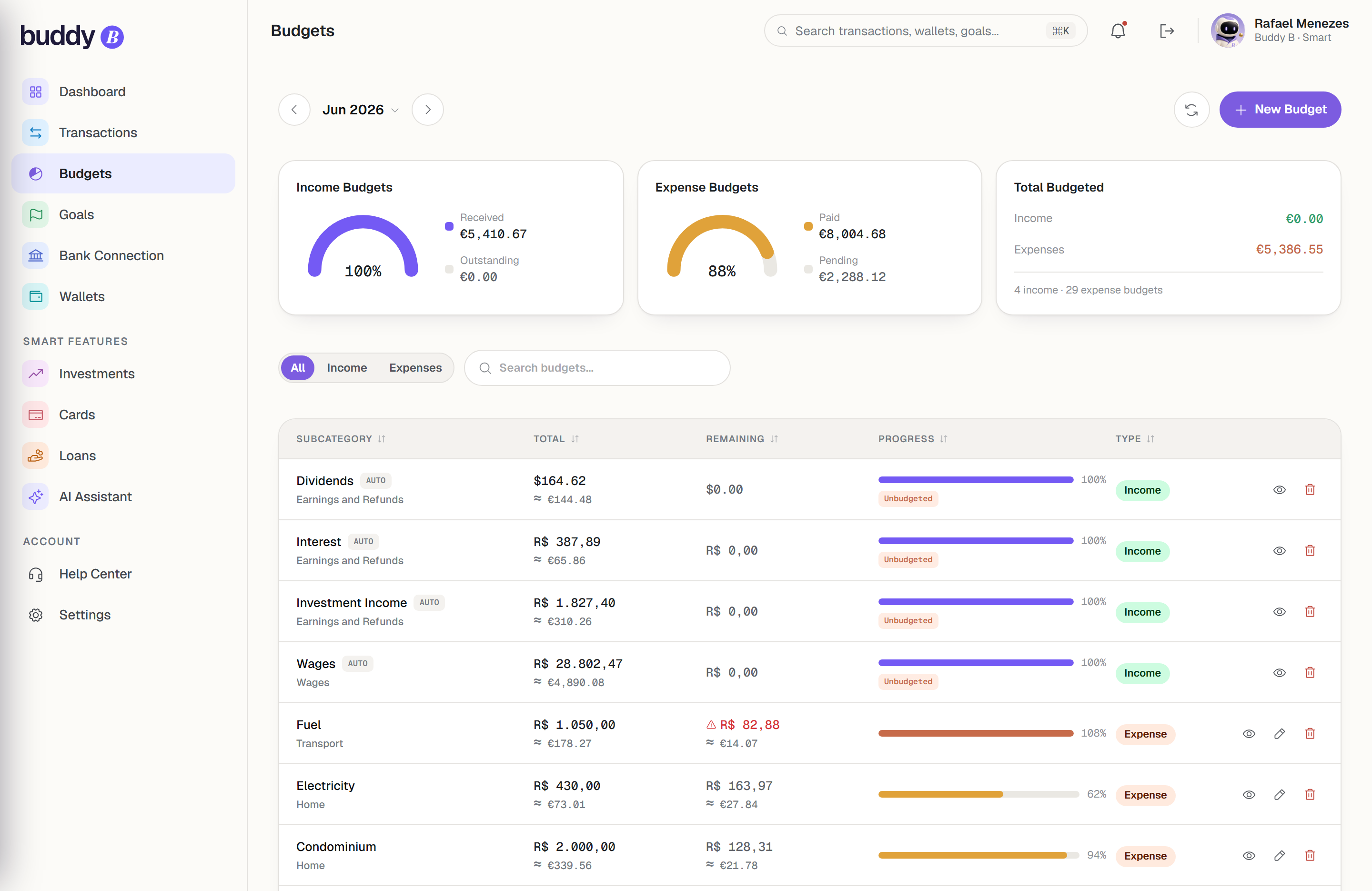 Buddy B budgets in the web app