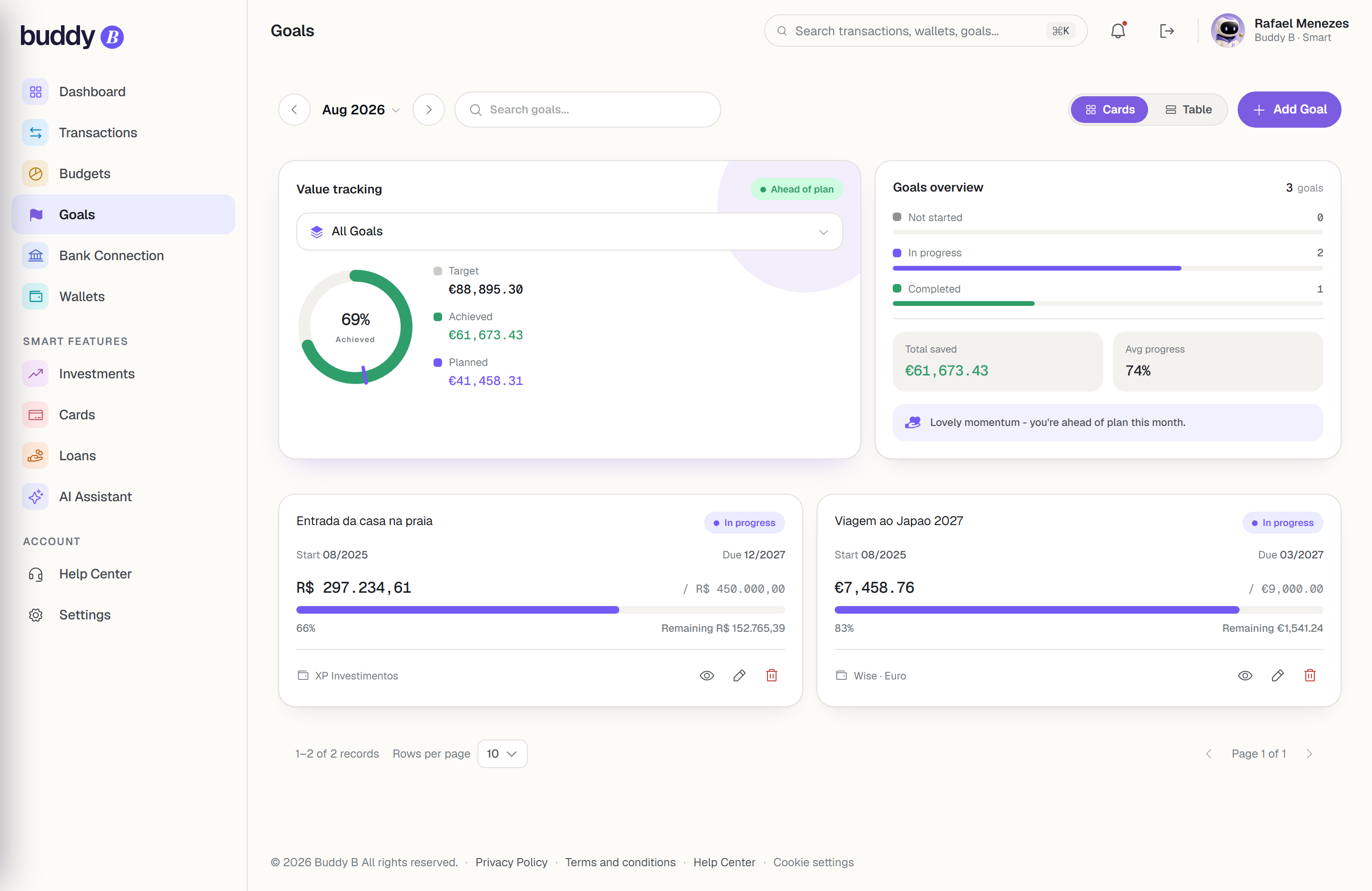 Buddy B goals in the web app