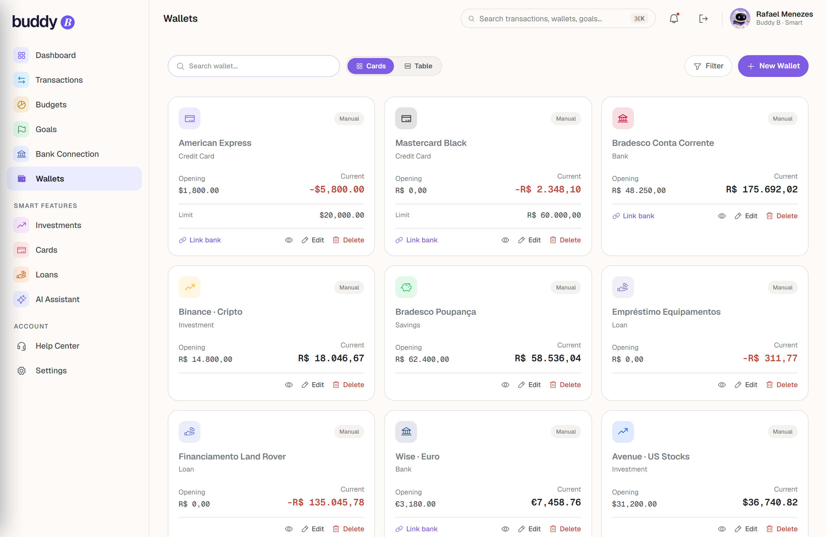 Buddy B wallets in the web app