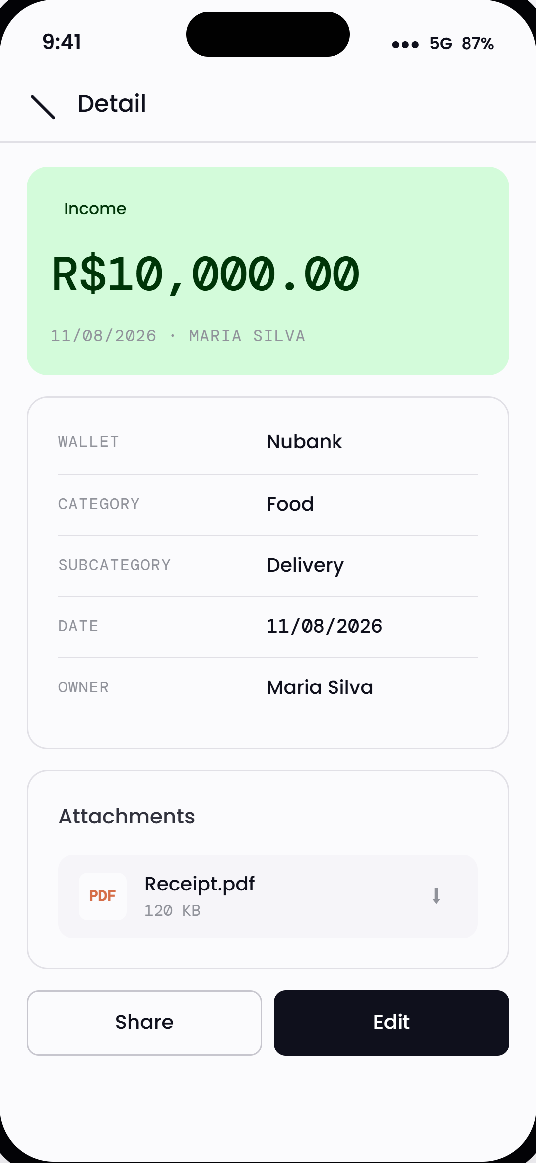 Buddy B transaction detail — income receipt breakdown